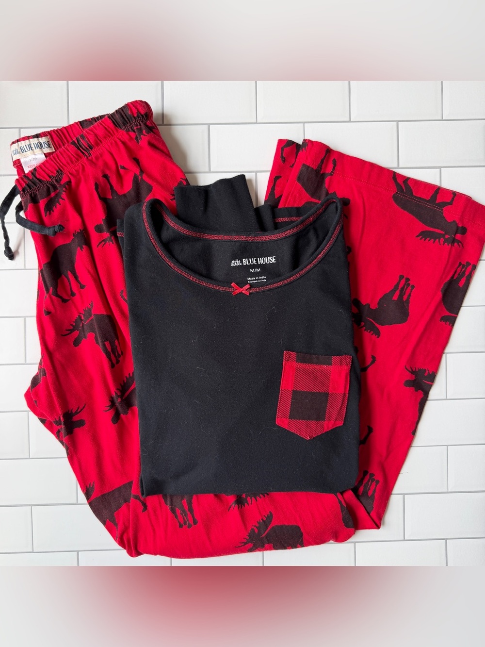 XS/M🫎 Little Blue House Moose Print Lounge Pants & Red Buffalo Check Pajama Set